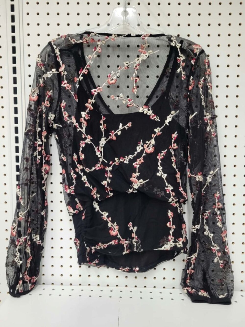 White House Black Market Black Floral Embroidered Sheer Mesh Blouse Long Sleeves